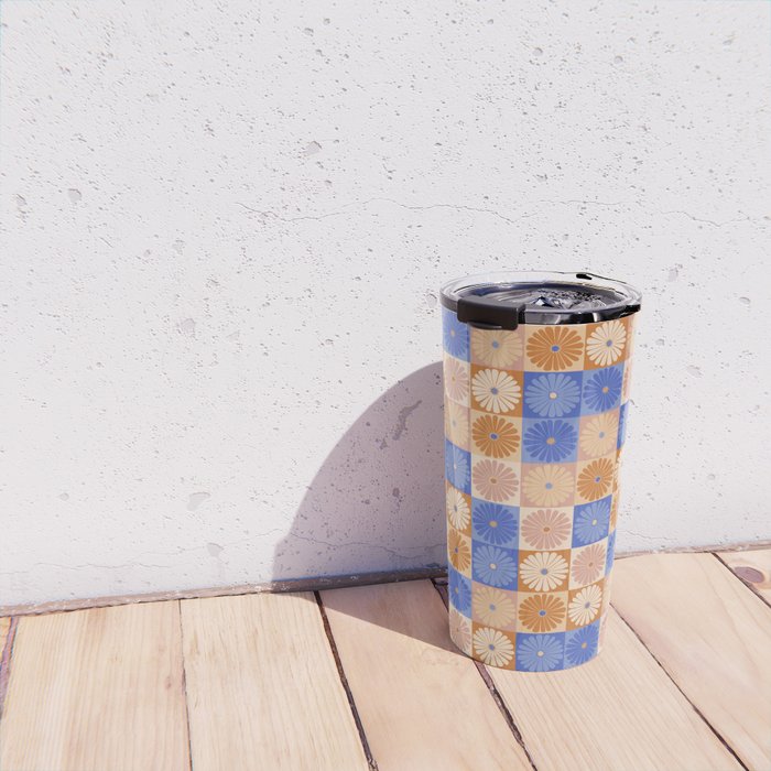 Retro Flowers Check Pattern XXII Travel Mug Gallery Image 4