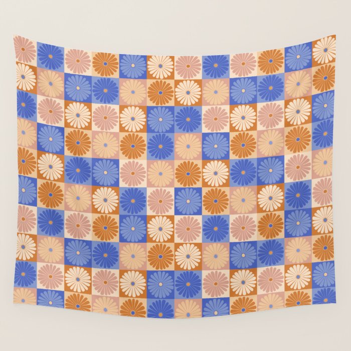 Retro Flowers Check Pattern XXII Wall Tapestry Gallery Image 4