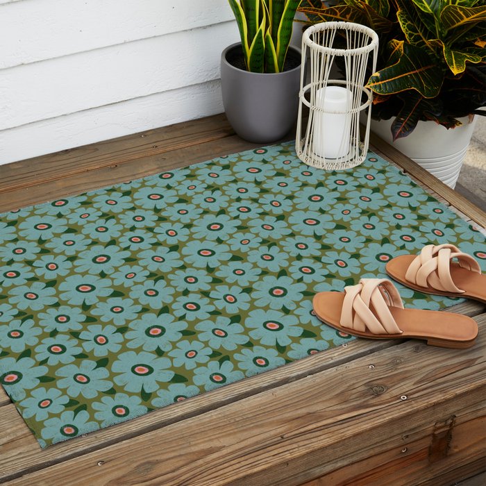 Modern Floral - Turquoise, Green and Pink Outdoor Rug Gallery Image 2