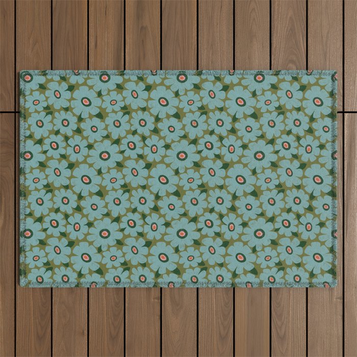 Modern Floral - Turquoise, Green and Pink Outdoor Rug Gallery Image 1