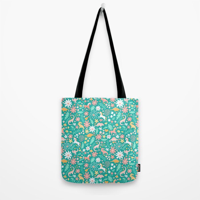 Dinosaurs + Unicorns on Teal Tote Bag Gallery Image 2