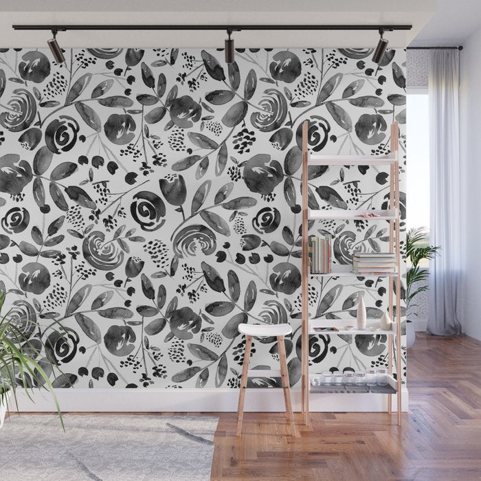 Bountiful Bouquet Black Watercolor Wall Mural Gallery Image 1