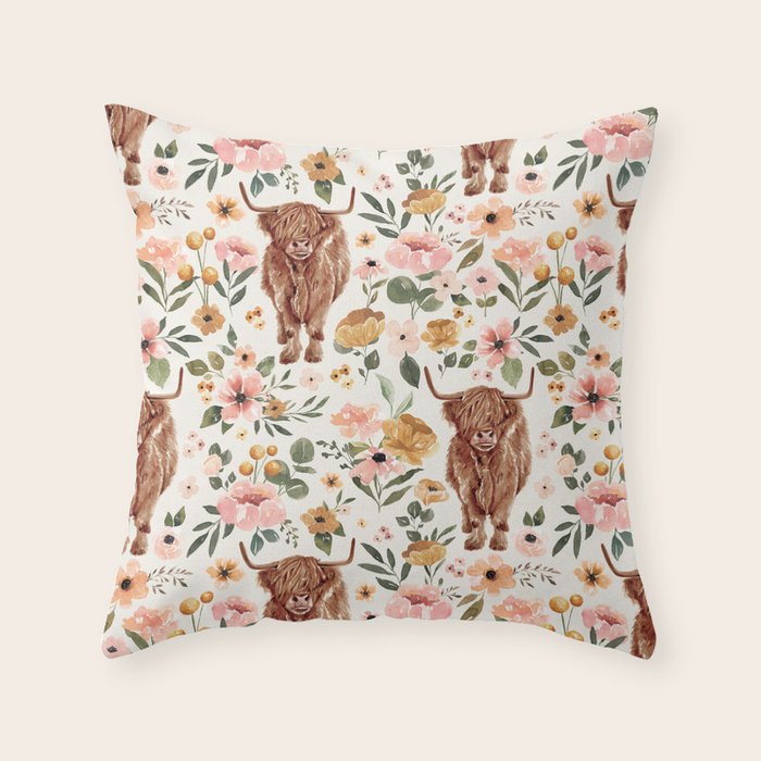Cate & Rainn® Charlotte Floral Highland Cow Throw Pillow Gallery Image 1