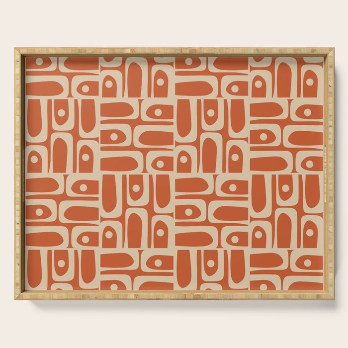 Mid Century Modern Piquet Abstract Multi Pattern in Mid Mod Burnt Orange and Beige Serving Tray Gallery Image 1