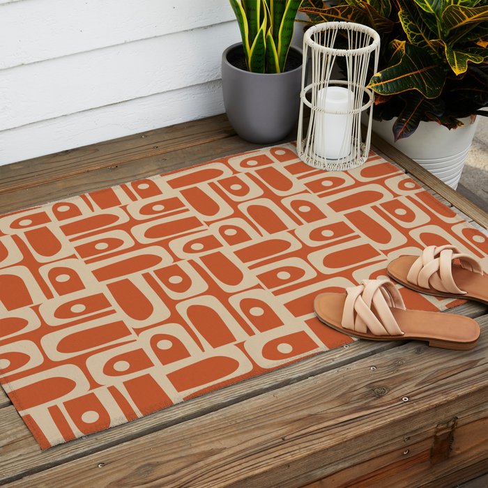 Mid Century Modern Piquet Abstract Multi Pattern in Mid Mod Burnt Orange and Beige Outdoor Rug Gallery Image 2