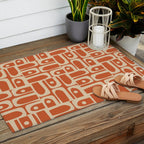 Mid Century Modern Piquet Abstract Multi Pattern in Mid Mod Burnt Orange and Beige Outdoor Rug Gallery Image 2
