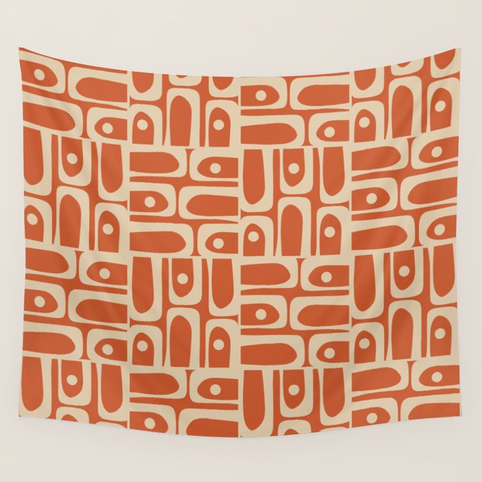 Mid Century Modern Piquet Abstract Multi Pattern in Mid Mod Burnt Orange and Beige Wall Tapestry Gallery Image 4