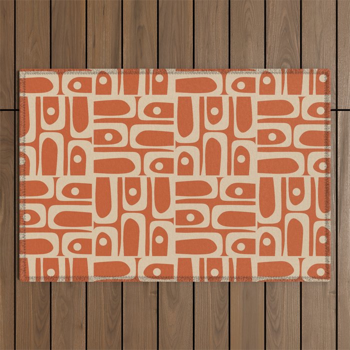 Mid Century Modern Piquet Abstract Multi Pattern in Mid Mod Burnt Orange and Beige Outdoor Rug Gallery Image 1