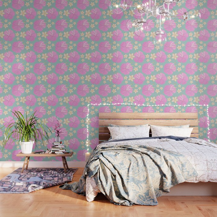 Pink and turquoise hibiscus flowers pattern Wallpaper Gallery Image 3
