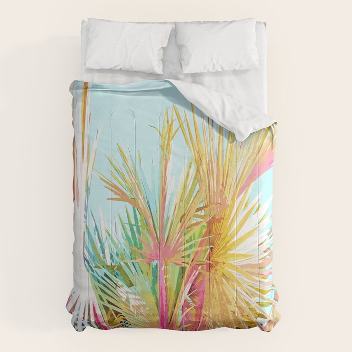 Beachy Pastel Palm Jungle | Botanical Digital Painting | Nature Plants Tropical Boho Blush Comforter Gallery Image 1