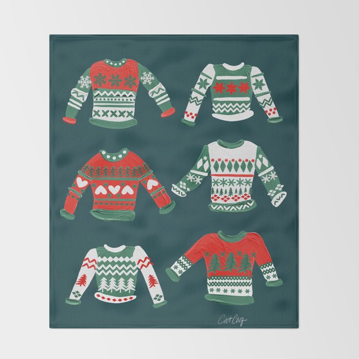 Christmas Sweaters - Teal & Red Palette Throw Blanket Gallery Image 2