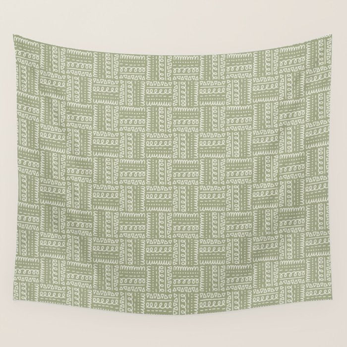 Mudcloth Doodle Squares . Lush Green Wall Tapestry Gallery Image 1