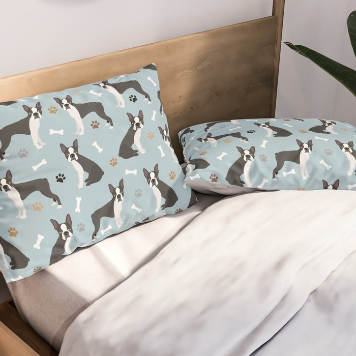 Boston Terrier Dogs Pattern Blue Pillow Sham Gallery Image 2