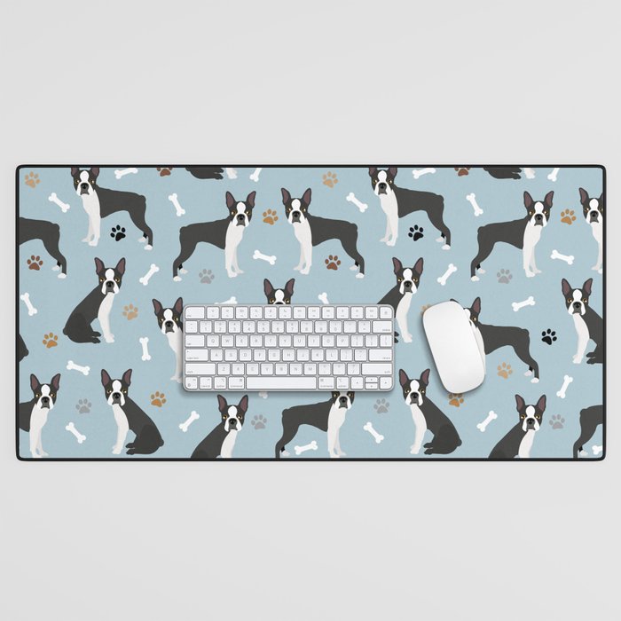 Boston Terrier Dogs Pattern Blue Desk Mat Gallery Image 1