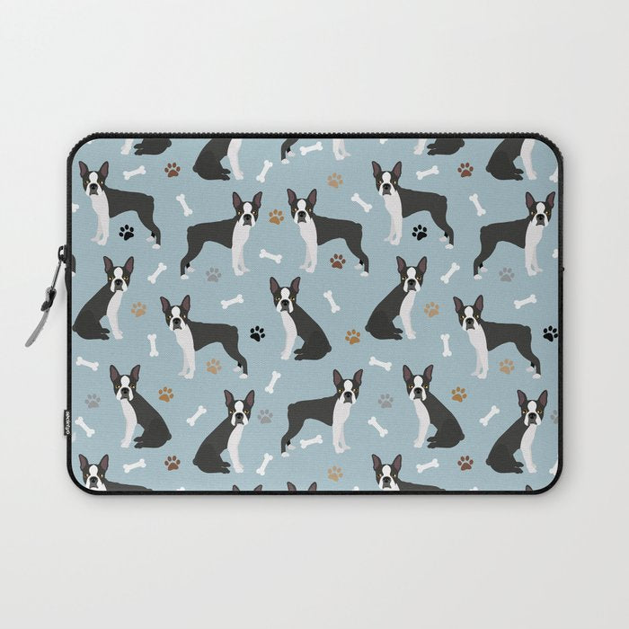 Boston Terrier Dogs Pattern Blue Laptop Sleeve Gallery Image 1