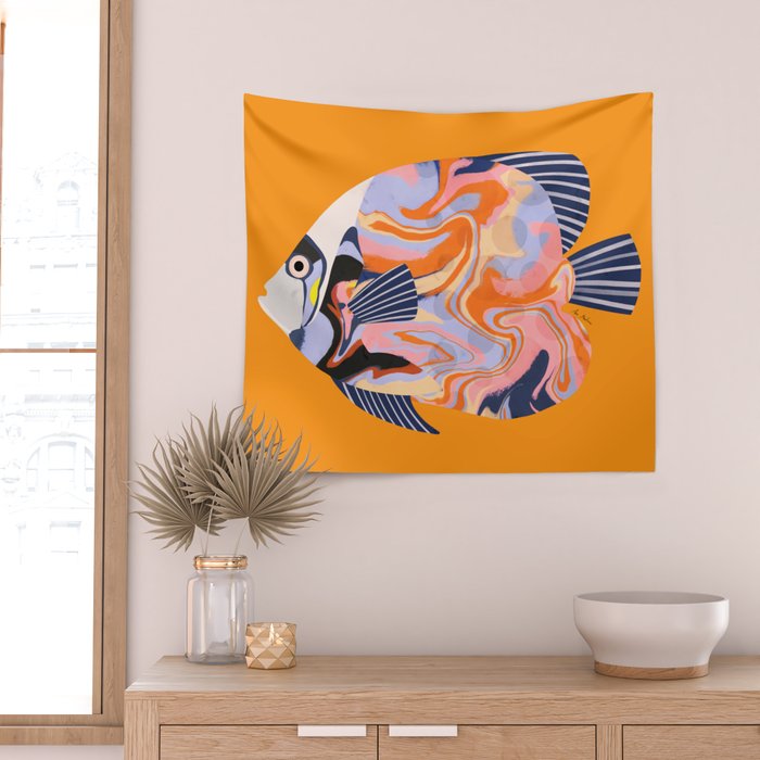 Colorful Tropical Fish and Abstract Ocean Art Wall Tapestry Gallery Image 2