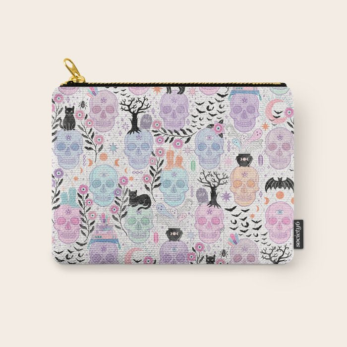 Pastel candy-colored skulls with cats, bats, and witchy things - halloween, bone Carry All Pouch Gallery Image 1