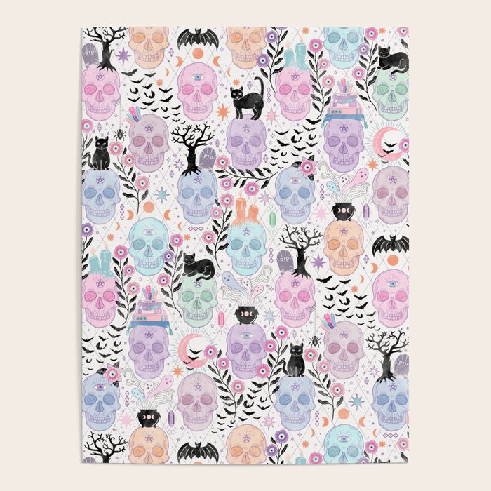 Pastel candy-colored skulls with cats, bats, and witchy things - halloween, bone Poster Gallery Image 4