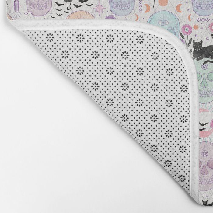 Pastel candy-colored skulls with cats, bats, and witchy things - halloween, bone Bath Mat Gallery Image 2