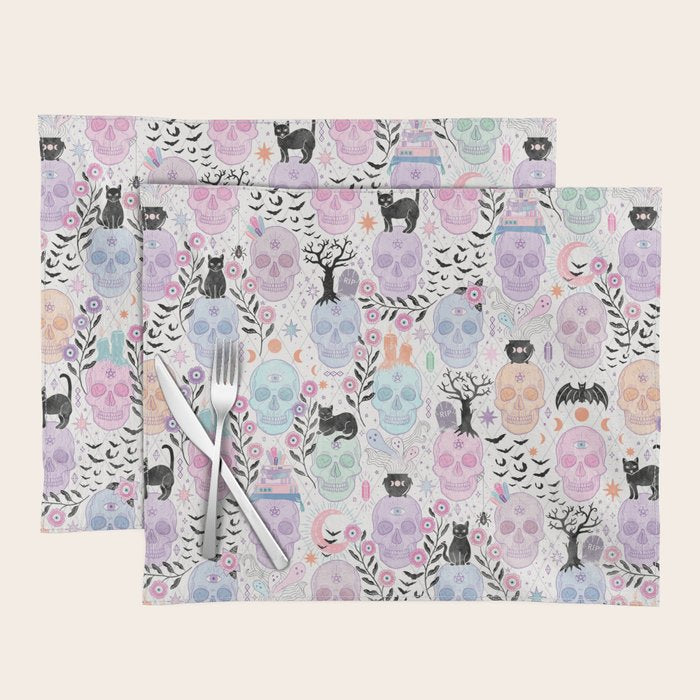 Pastel candy-colored skulls with cats, bats, and witchy things - halloween, bone Placemat Gallery Image 1