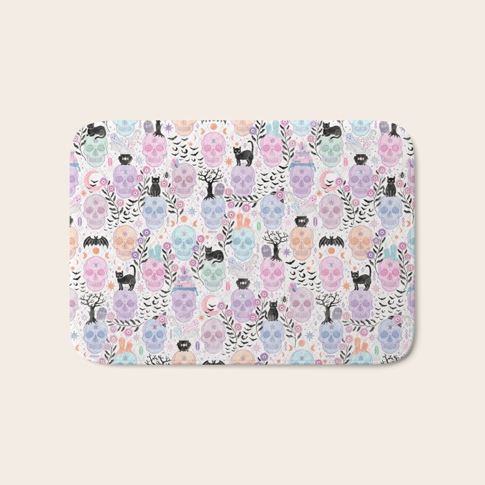 Pastel candy-colored skulls with cats, bats, and witchy things - halloween, bone Bath Mat Gallery Image 1