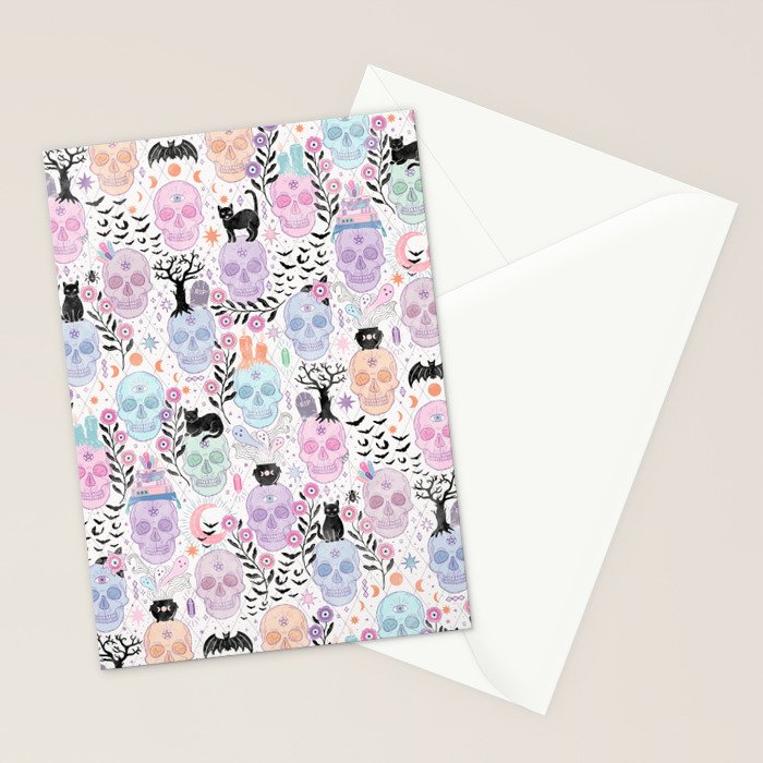 Pastel candy-colored skulls with cats, bats, and witchy things - halloween, bone Stationery Card Gallery Image 2