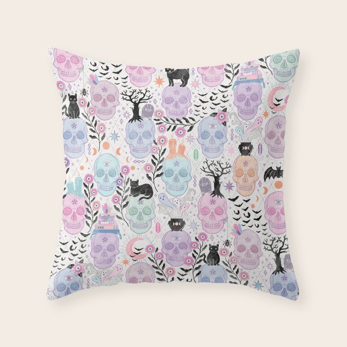 Pastel candy-colored skulls with cats, bats, and witchy things - halloween, bone Throw Pillow Gallery Image 1
