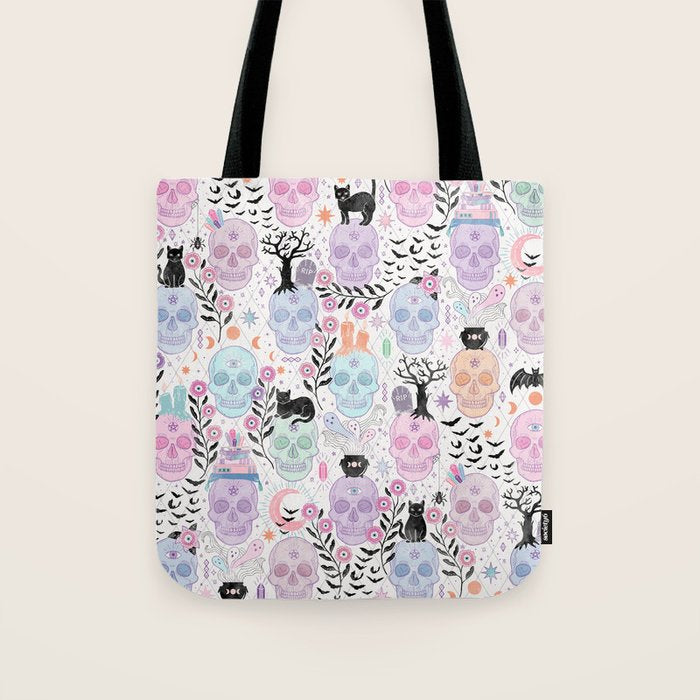 Pastel candy-colored skulls with cats, bats, and witchy things - halloween, bone Tote Bag Gallery Image 1