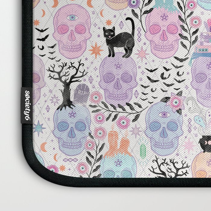 Pastel candy-colored skulls with cats, bats, and witchy things - halloween, bone Laptop Sleeve Gallery Image 3