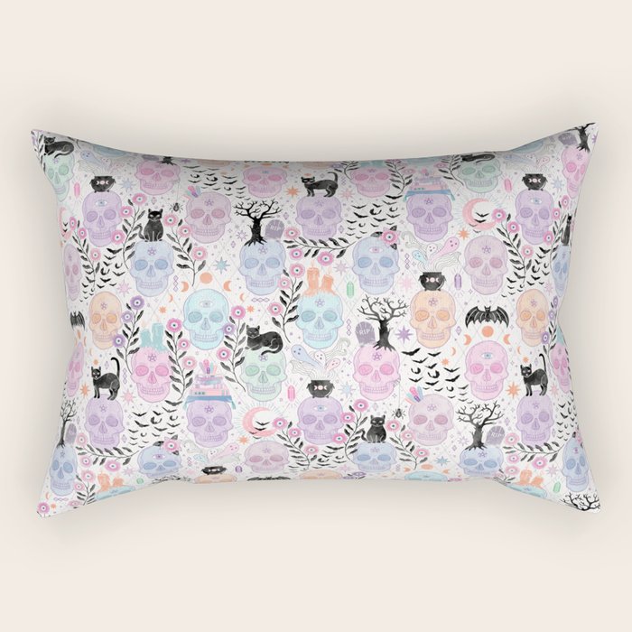 Pastel candy-colored skulls with cats, bats, and witchy things - halloween, bone Rectangular Pillow Gallery Image 2
