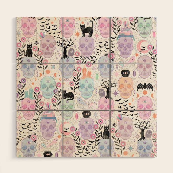 Pastel candy-colored skulls with cats, bats, and witchy things - halloween, bone Wood Wall Art Gallery Image 1