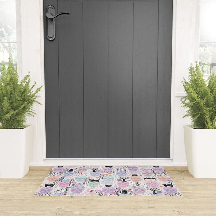 Pastel candy-colored skulls with cats, bats, and witchy things - halloween, bone Welcome Mat Gallery Image 3