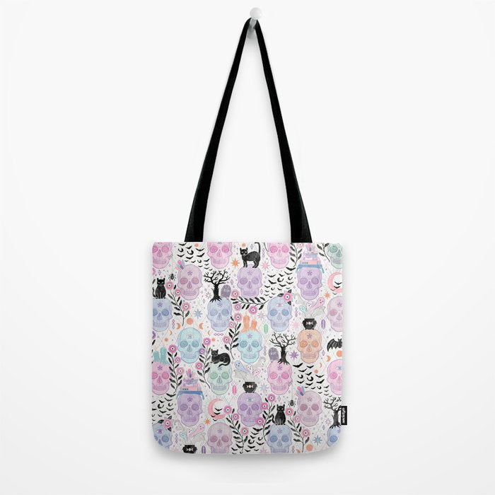 Pastel candy-colored skulls with cats, bats, and witchy things - halloween, bone Tote Bag Gallery Image 2