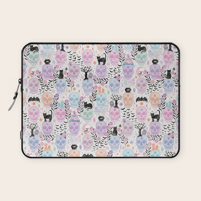 Pastel candy-colored skulls with cats, bats, and witchy things - halloween, bone Laptop Sleeve Gallery Image 1