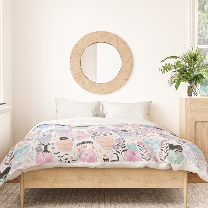 Pastel candy-colored skulls with cats, bats, and witchy things - halloween, bone Duvet Cover Gallery Image 3
