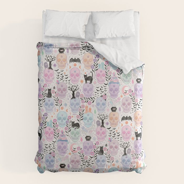 Pastel candy-colored skulls with cats, bats, and witchy things - halloween, bone Duvet Cover Gallery Image 6