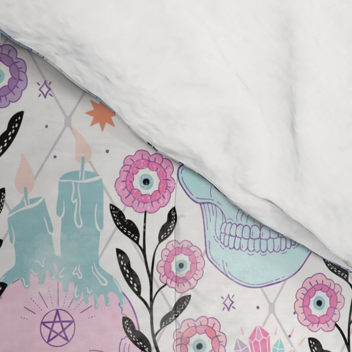 Pastel candy-colored skulls with cats, bats, and witchy things - halloween, bone Comforter Gallery Image 4