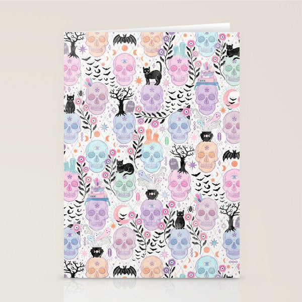 Pastel candy-colored skulls with cats, bats, and witchy things - halloween, bone Stationery Card Gallery Image 2