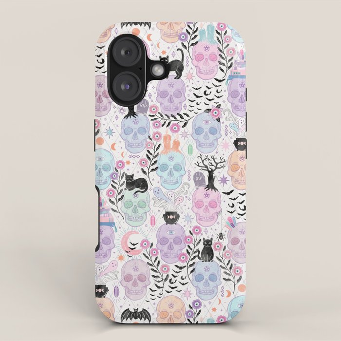 Pastel candy-colored skulls with cats, bats, and witchy things - halloween, bone iPhone Case Gallery Image 1