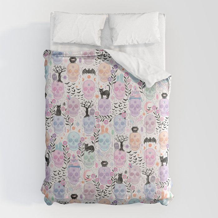 Pastel candy-colored skulls with cats, bats, and witchy things - halloween, bone Comforter Gallery Image 1