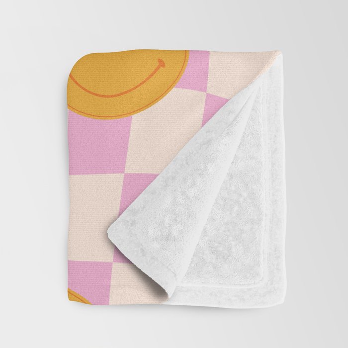Groovy Smiley Faces on Pastel Pink Twisted Checkerboard Throw Blanket Gallery Image 3