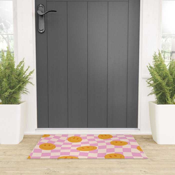 Groovy Smiley Faces on Pastel Pink Twisted Checkerboard Welcome Mat Gallery Image 3