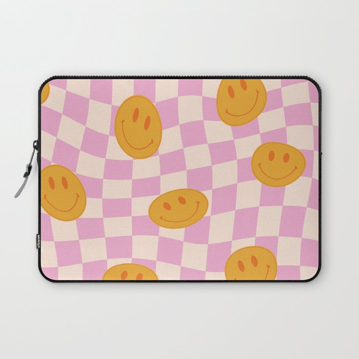 Groovy Smiley Faces on Pastel Pink Twisted Checkerboard Laptop Sleeve Gallery Image 1