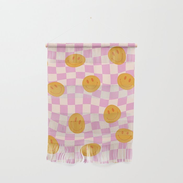 Groovy Smiley Faces on Pastel Pink Twisted Checkerboard Wall Hanging Gallery Image 1