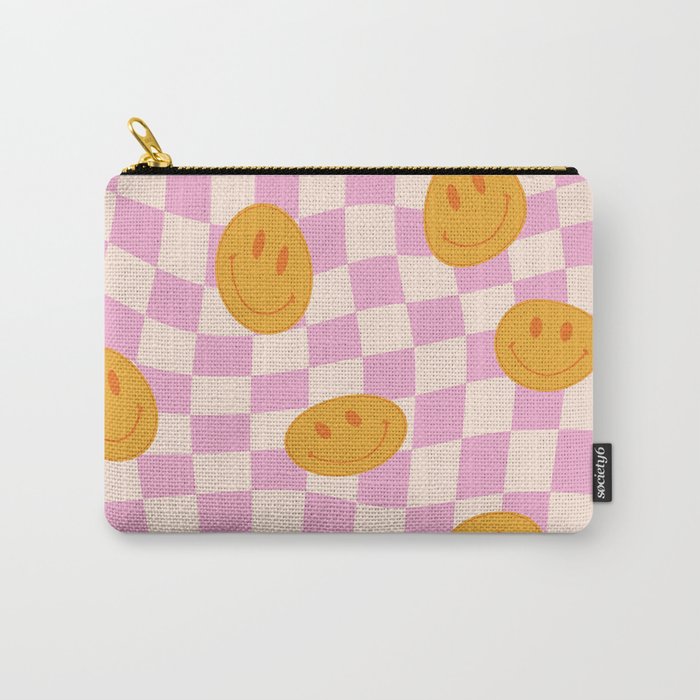 Groovy Smiley Faces on Pastel Pink Twisted Checkerboard Carry All Pouch Gallery Image 1