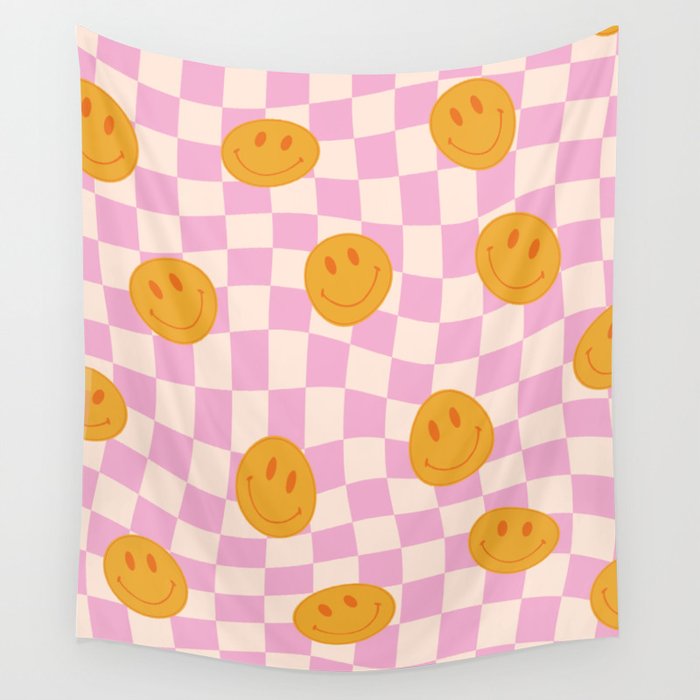 Groovy Smiley Faces on Pastel Pink Twisted Checkerboard Wall Tapestry Gallery Image 4