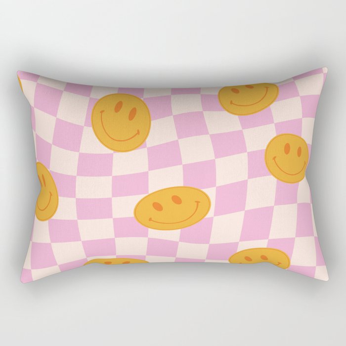 Groovy Smiley Faces on Pastel Pink Twisted Checkerboard Rectangular Pillow Gallery Image 2
