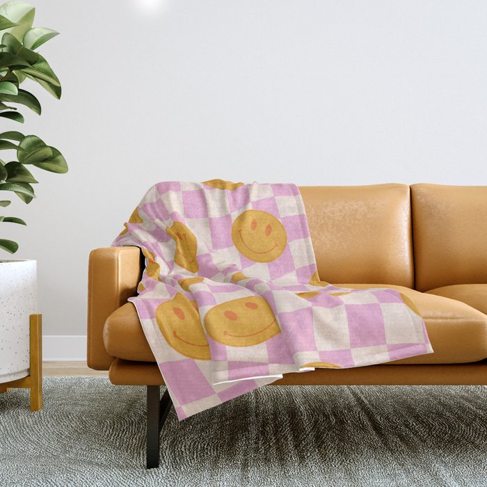 Groovy Smiley Faces on Pastel Pink Twisted Checkerboard Throw Blanket Gallery Image 1