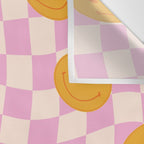 Groovy Smiley Faces on Pastel Pink Twisted Checkerboard Wall Tapestry Gallery Image 3