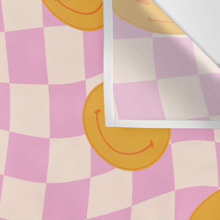 Groovy Smiley Faces on Pastel Pink Twisted Checkerboard Wall Tapestry Gallery Image 3